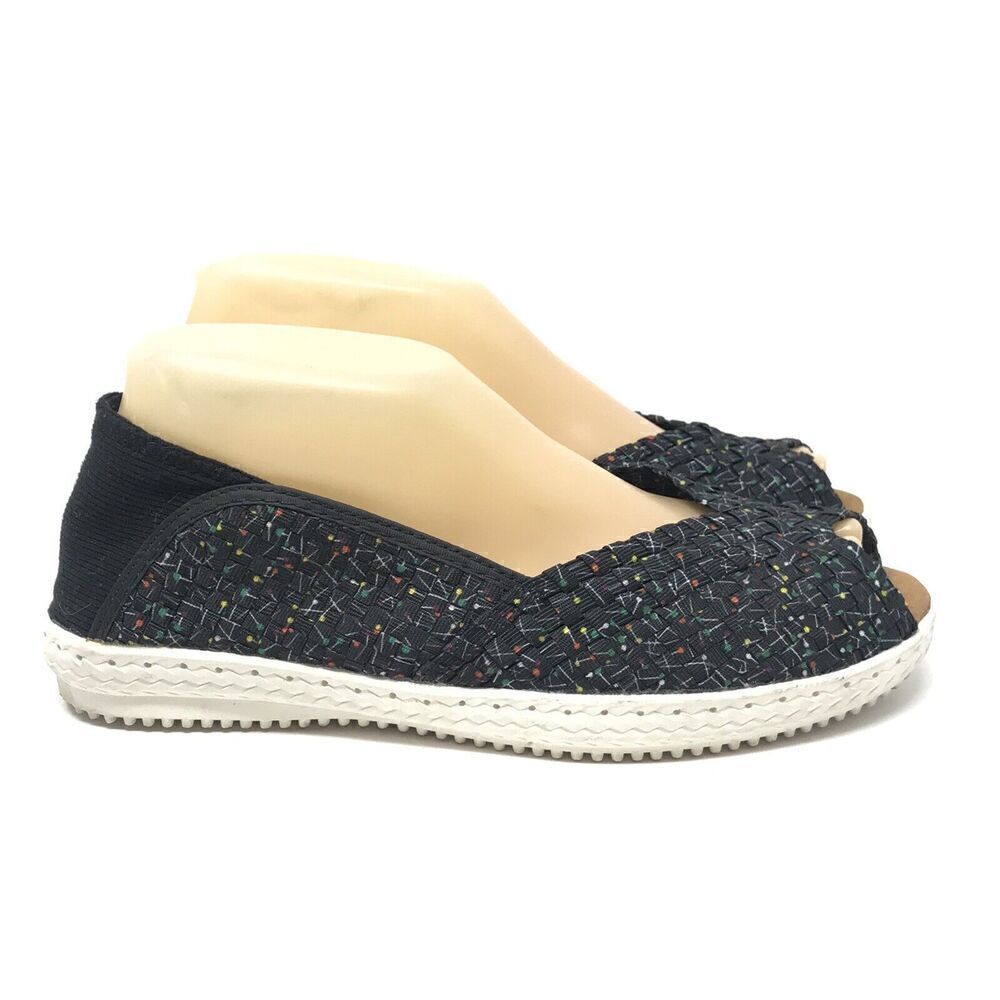 Bernie Mev Woven Open Peep Toe Flats Black Print Womens Size 7-7.5/38 Lollipops